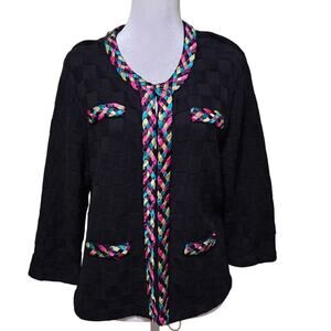 Michael Simon Cardigan Sweater Black Knit Rainbow Braid Trim Cotton Cashmere XL